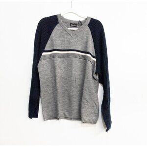 Extreme Men Size L Gray Blue Sweater Raglan Stripes Knit Pullover V Neck Long